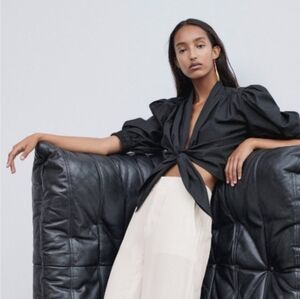 Zara Poplin Puff Sleeve Tie Front Black Cropped Top EUC